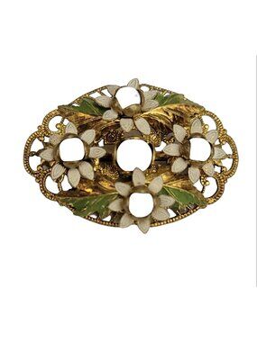 Czechoslovakia Gold Tone White, Green Enamel Glass Bead Filigree Brooch, M513